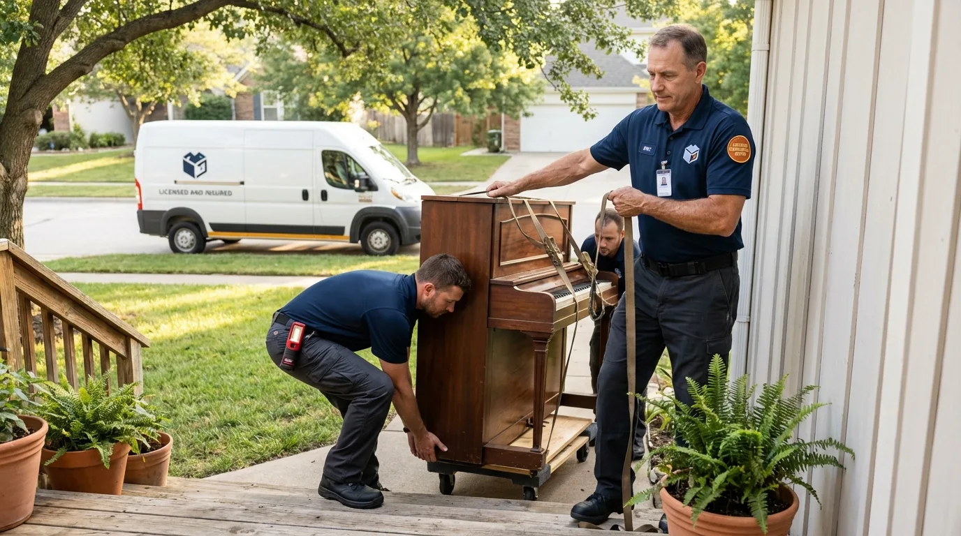 Licensed piano movers securing grand piano in Yalaha, FL