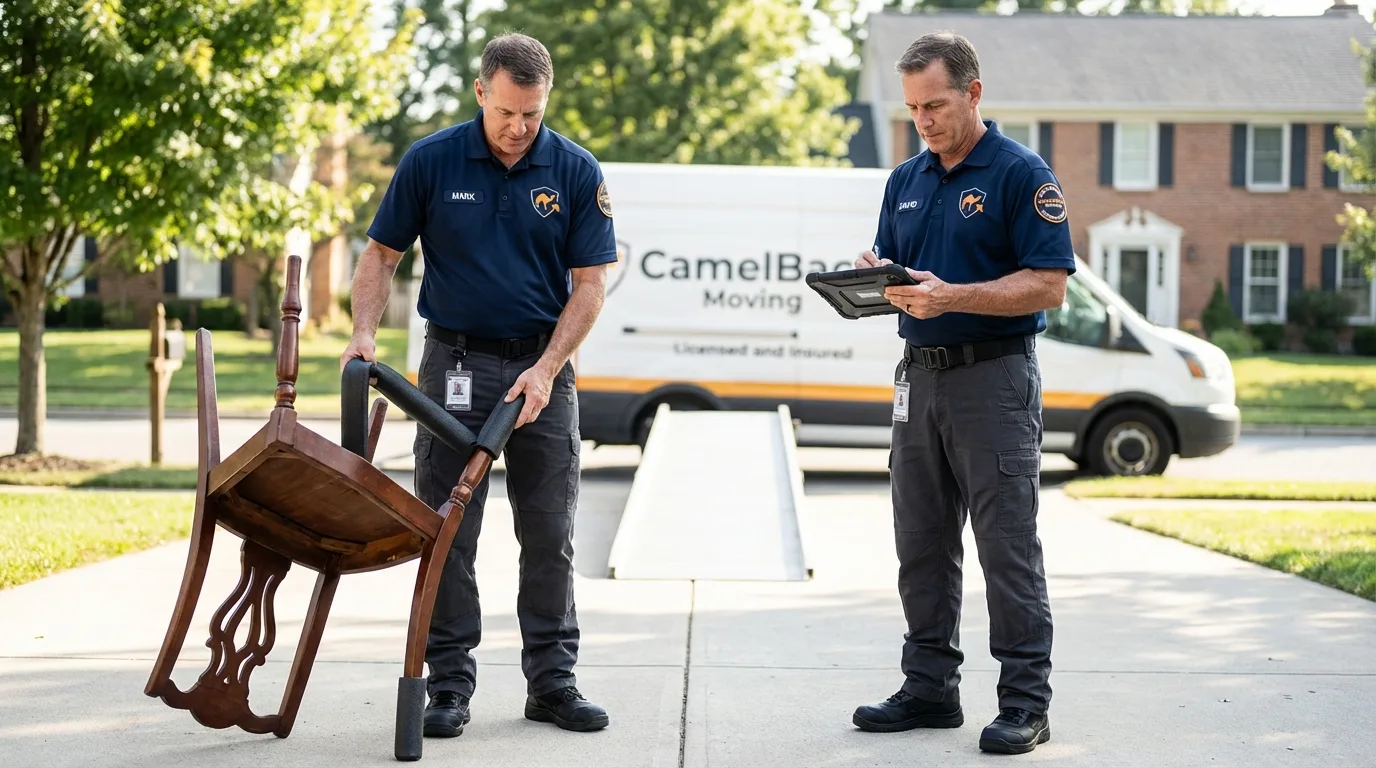 Movers inspecting furniture for damage prevention before loading in Yalaha, FL