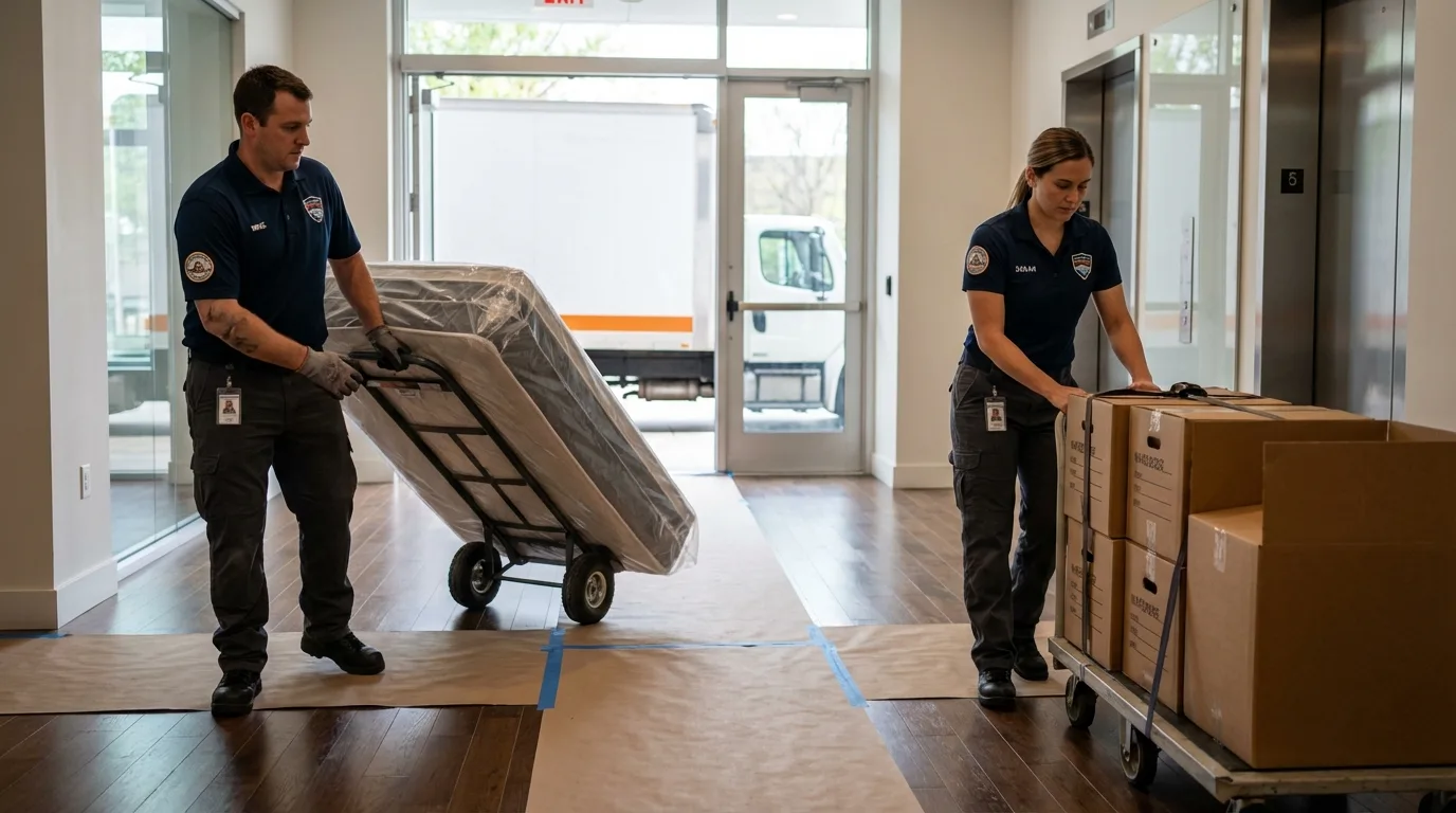 Professional apartment movers loading elevator in Yalaha, FL