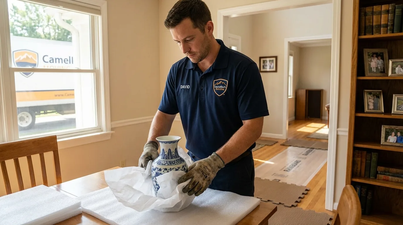 Professional crew carefully wrapping antique vase for senior downsizing move in Yalaha, FL