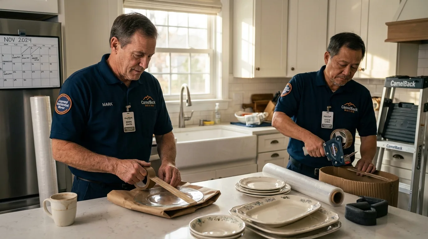 Professional crew packing kitchen dishware in Yalaha, FL